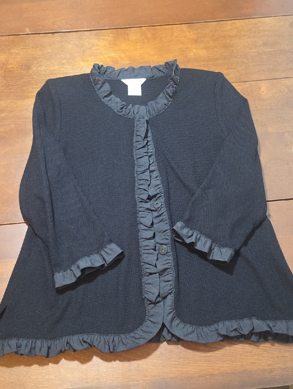 Exclusively Misook Black Ruffle-Trim Knit Cardigan Size Large Acrylic